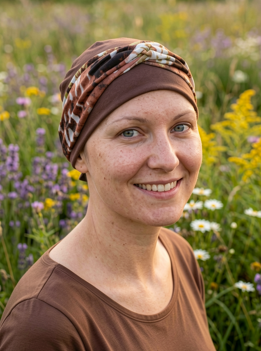 Soft comfy chemo hat and removable twist headband - Tina brown cream speckles