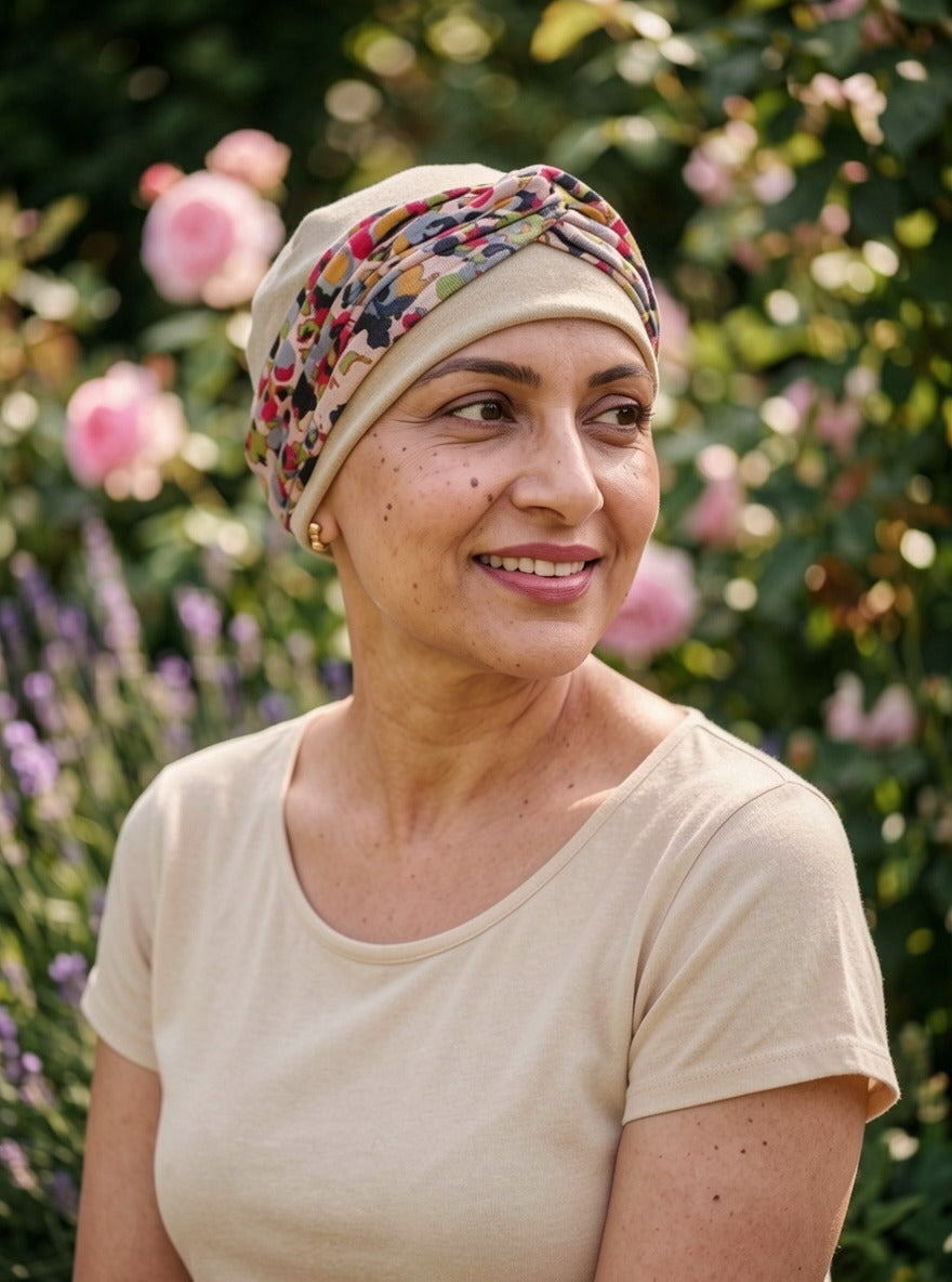 Soft chemo hat and removable twist headband - Tina caramel beige bright animal