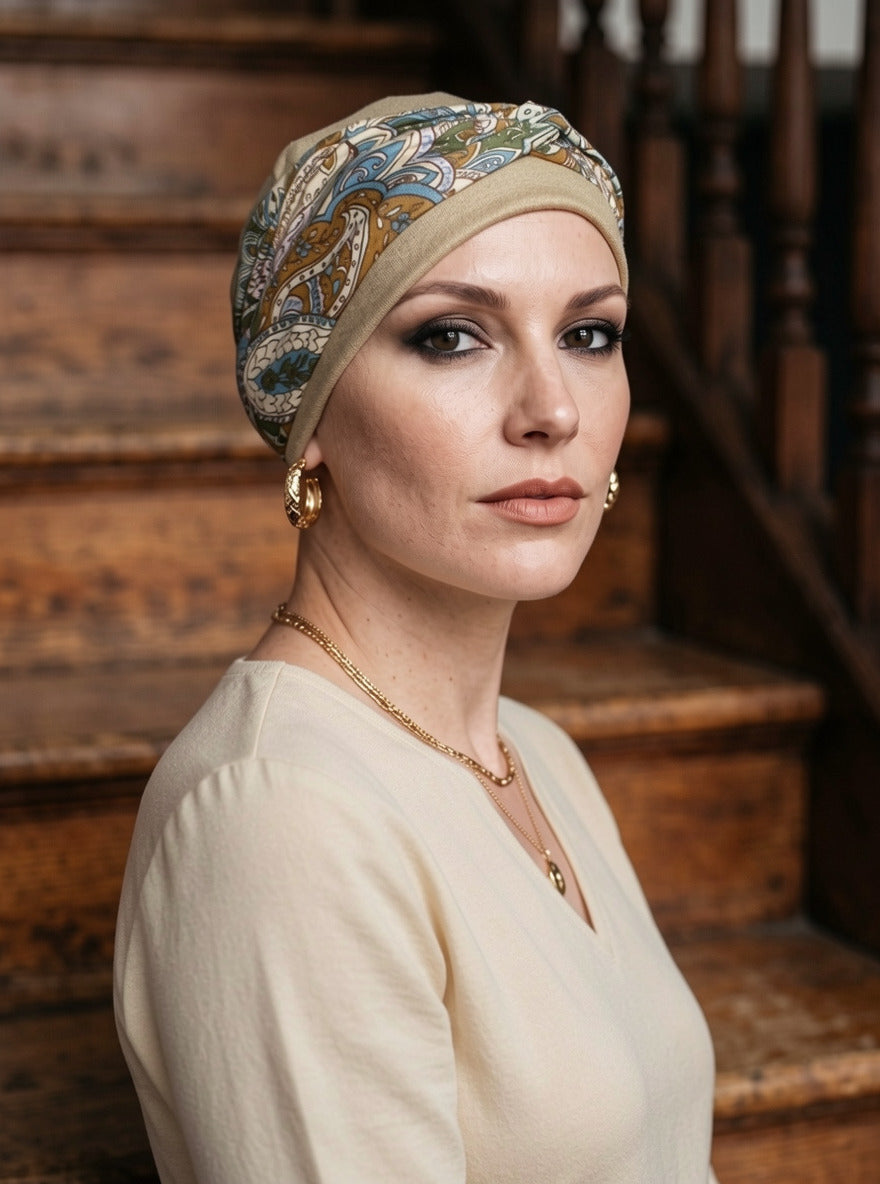 Soft comfy chemo hat and twist headband - Tina caramel cream green paisley