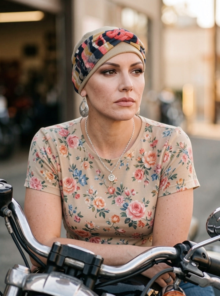 Soft comfy chemo hat and twist headband - Tina caramel navy ochre coral art