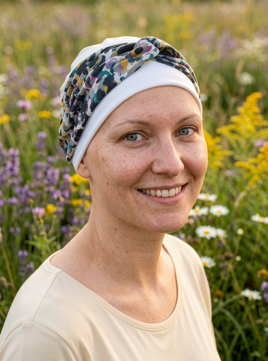 Soft comfy chemo hat and twist headband - Tina cream bright animal