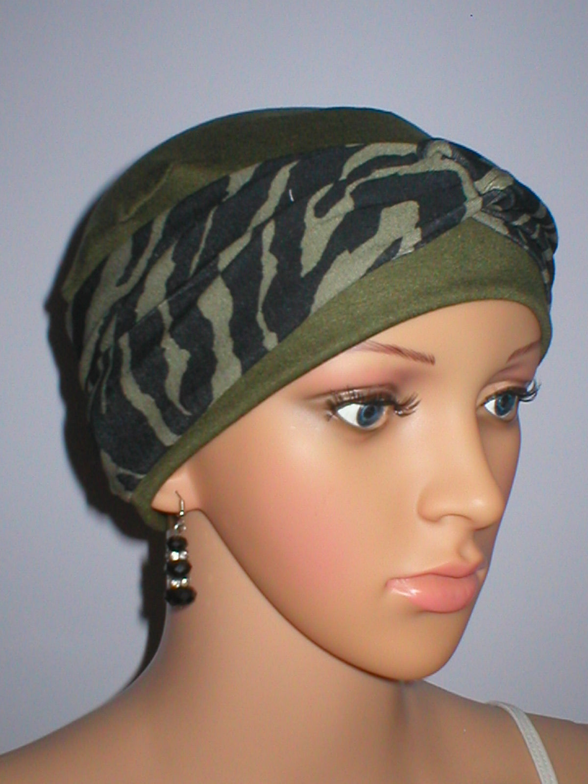 Soft jersey chemo hats and removable headband - Tina khaki zebra