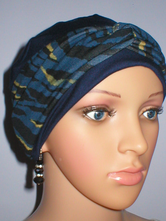 Soft jersey chemo hat and removable headband - Tina black blue gold tiger