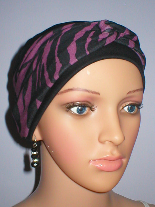 Soft comfortable chemo hat and removable twist headband - Tina black plum zebra