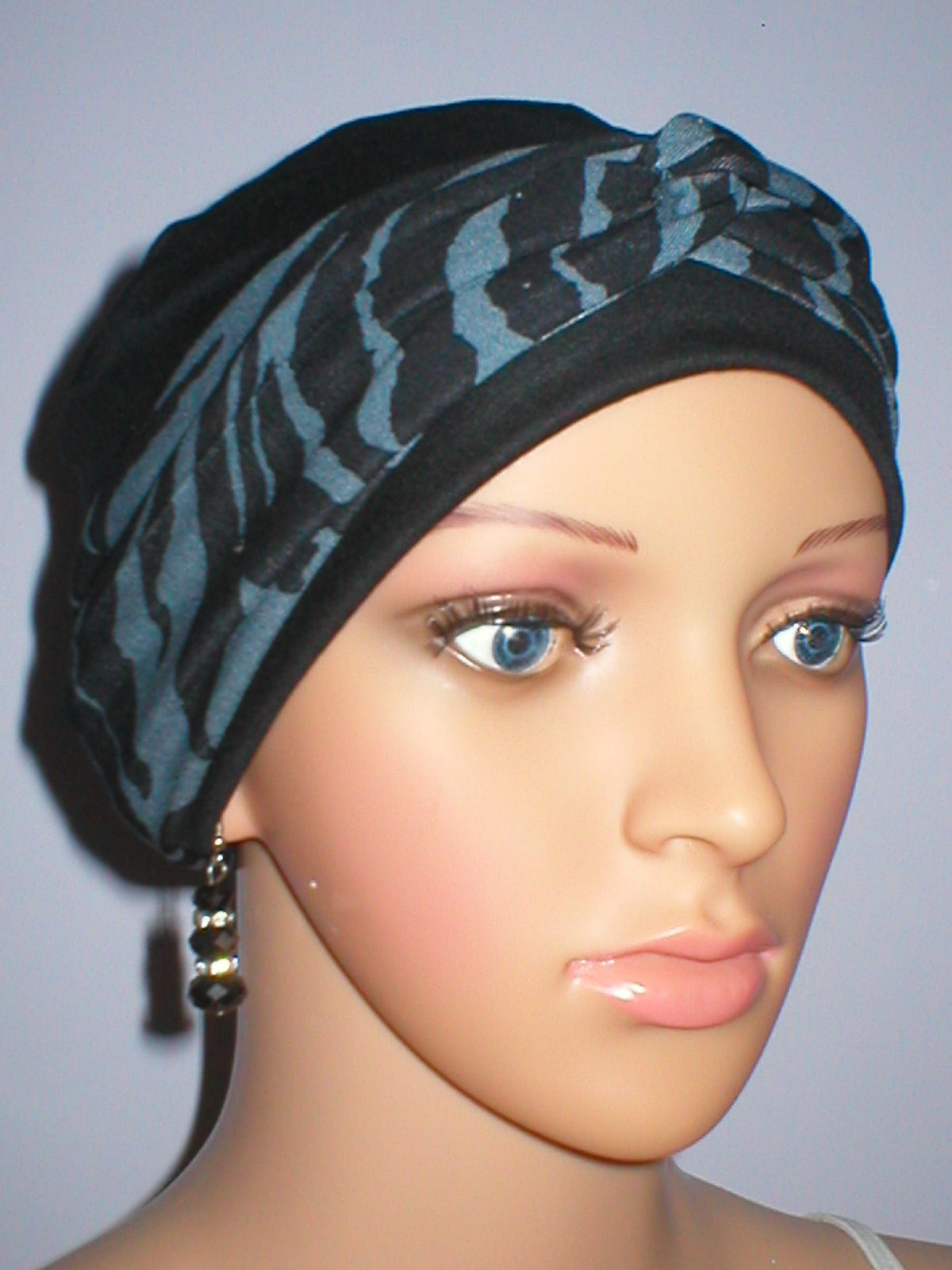 Soft jersey chemo hat and removable twist headband - Tina black blue zebra