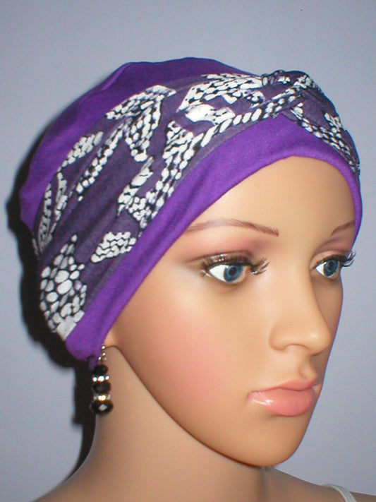 Soft comfortable chemo hat and twist headband - Tina purple dotty leaves