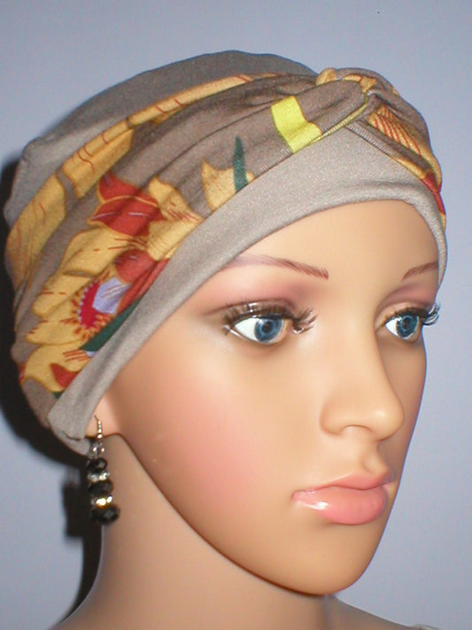 Soft jersey chemo hat and removable headband - Tina cappuccino sunflowers