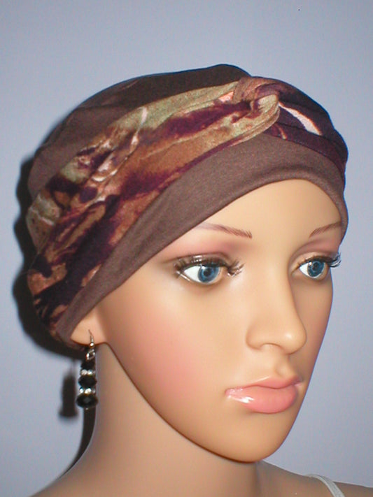 Soft comfy chemo hat for hair losswith removable twist headband - Tina brown splash
