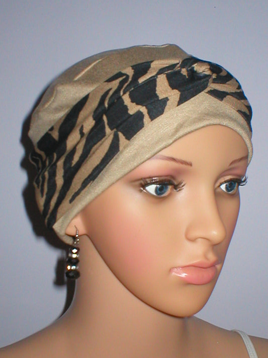 Soft jersey chemo hat and removable twist headband - Tina Caramel zebra