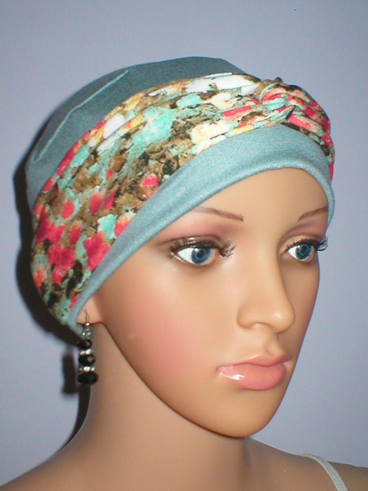 Soft comfy jersey chemo hat for hair loss with removable twist headband - Tina duck egg coral berry