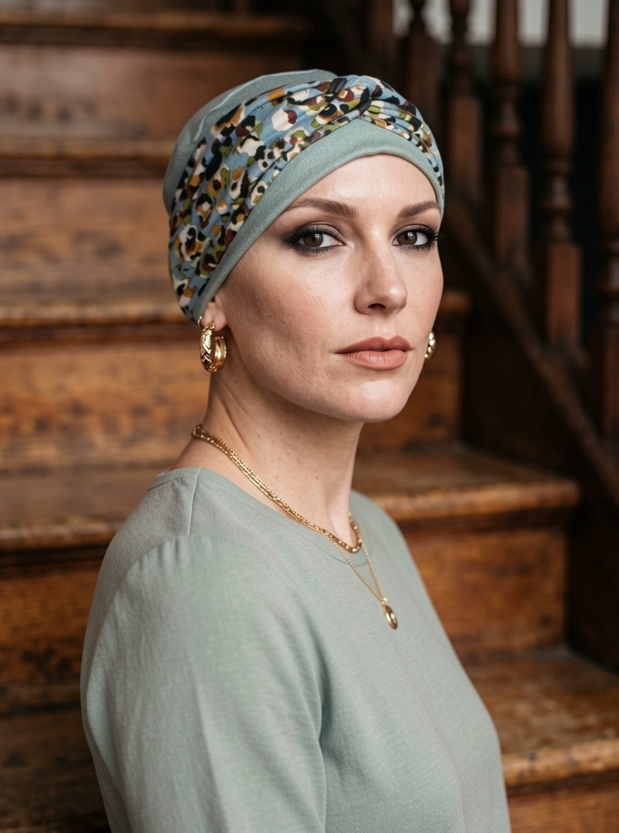 Comfy chemo hat and removable twist headband - Tina duck egg blue animal