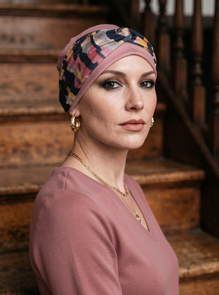 Soft comfy chemo hat and twist headband - Tina dusky coral yellow art
