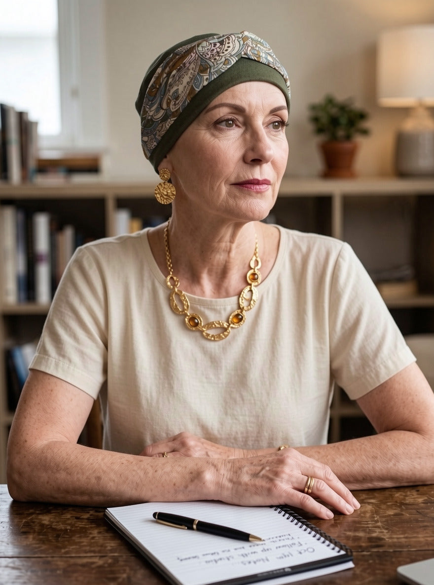 Comfy chemo hat and removable twist headband - Tina khaki cream green paisley