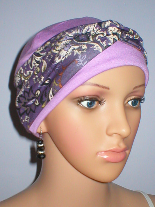 Soft comfy chemo hat for hair loss with removable twist headband - Tina lavender paisley