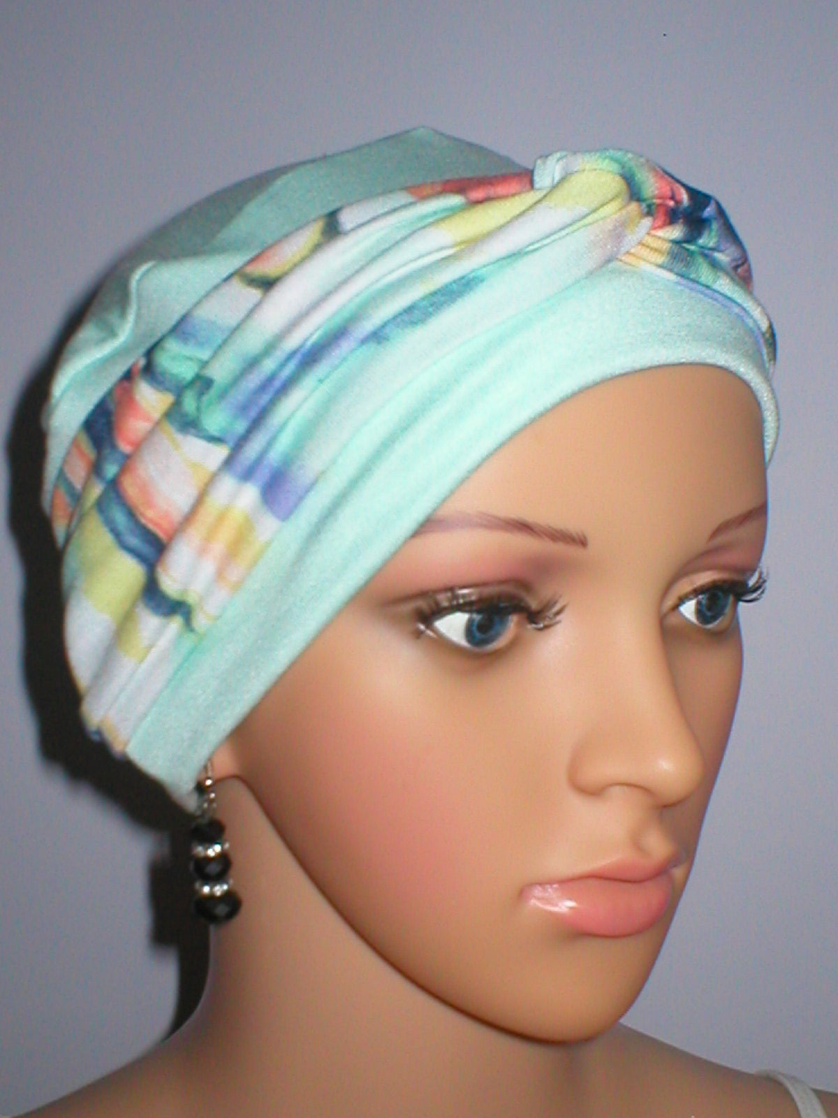 Soft comfortable chemo hat and removable headband - Tina mint kaleidoscope