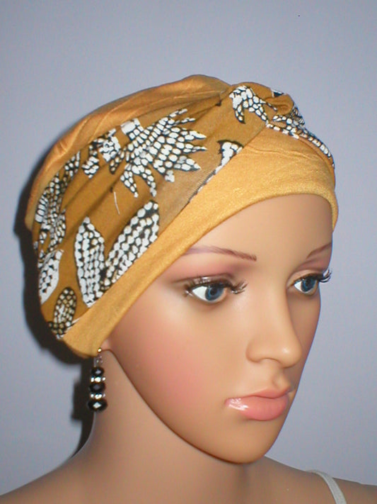 Soft comfy chemo hat for hair loss with removable twist headband - Tina mustard dotty leaves