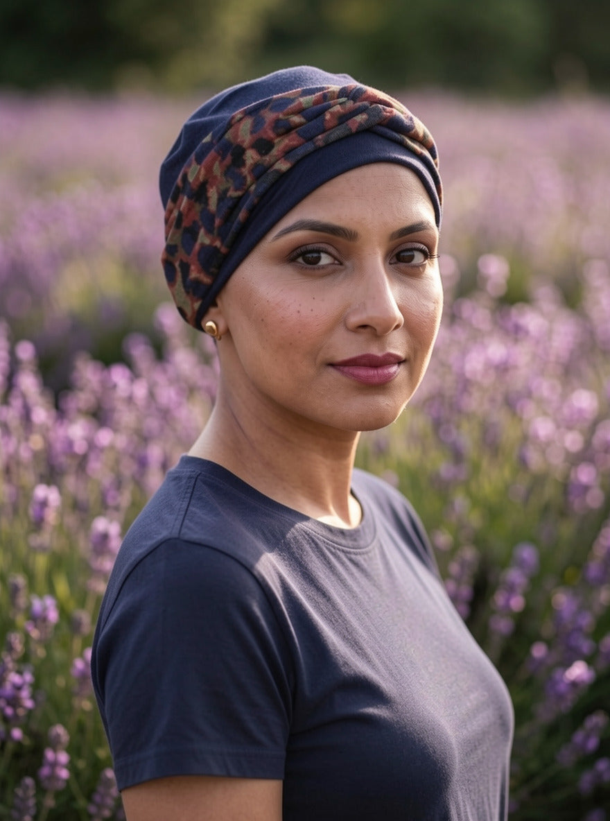 Comfy chemo hat and interchangable twist headband - Tina navy brown spots