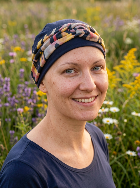 Soft chemo hat and removable twist headband - Tina navy art