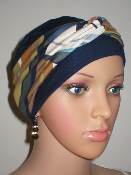Soft breathable comfortable chemo hat and removable twist headband - Full coverage for cancer hairloss/Alopecia - Tina Navy geometric