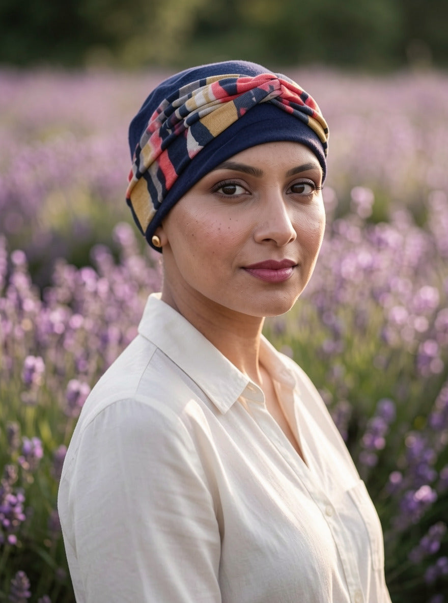 Soft comfy chemo hat and twist headband - Tina navy ochre coral art
