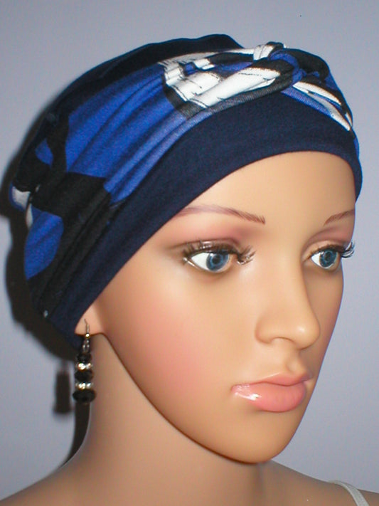Soft comfy chemo hats for hair loss with removable twist headband - Tina navy royal art