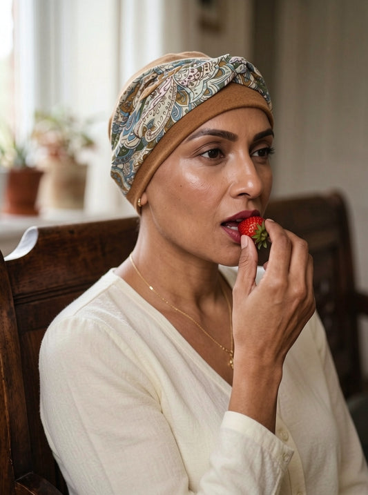 Comfy chemo hat and removable twist headband - Tina ochre cream green paisley