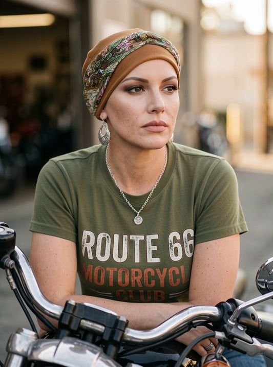 Pretty womens chemo hat and removable twist headband - Tina ochre green brown paisley