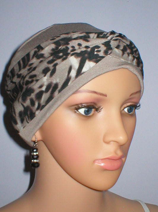 Soft comfy chemo hat with removable twist headband - Tina cappuccino mocha leopard