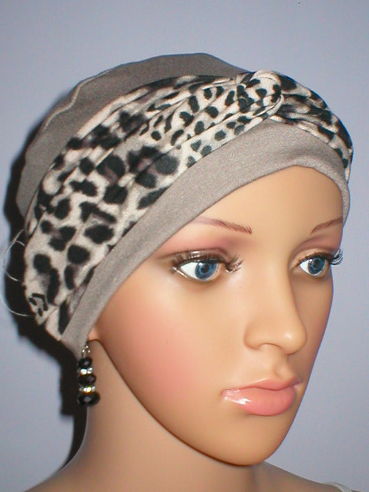Ladies chemo hat with interchangable twist headband - Tina cappuccino cream black leopard