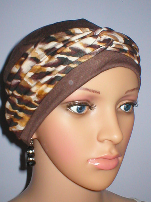 Womens chemo hat with removable twist headband - Tina brown camel leopard
