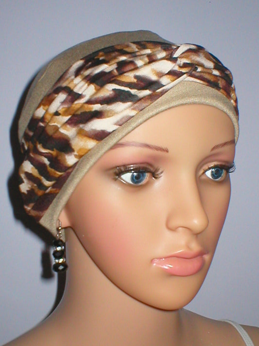 Soft comfortable chemo hat with removable twist headband - Tina caramel brown leopard