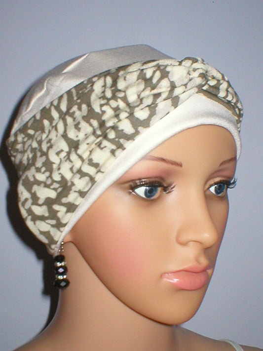 Soft comfy chemo hat and removable twist headband - Tina cream taupe pebbles