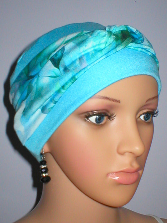 Soft ladies chemo hat with removable twist headband - Tina aqua pastel floral