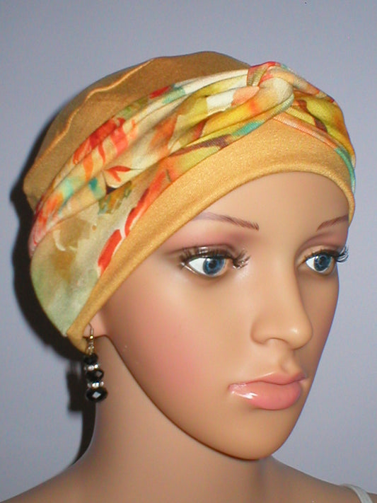 Pretty ladies chemo hat with interchangable twist headband - Tina mustard sunshine