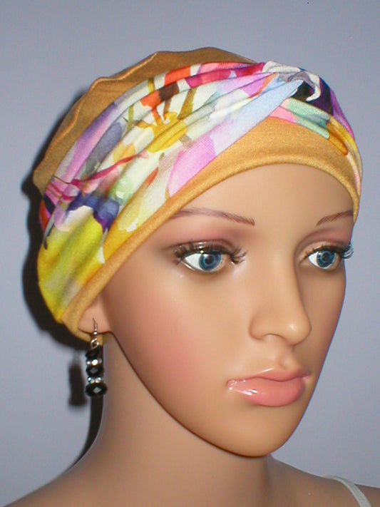 Pretty womens chemo hat with twist headband - Tina mustard bright floral