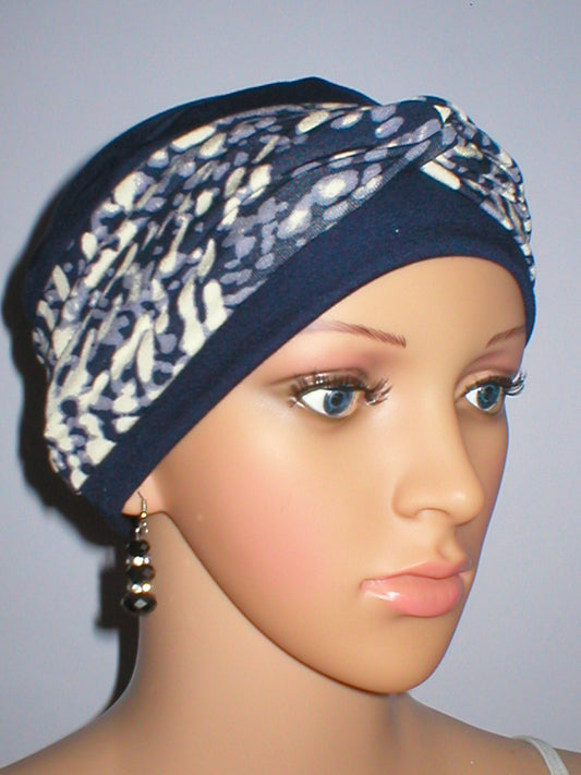 Soft comfy chemo hat and interchangable twist headband - Tina navy cream pebbles