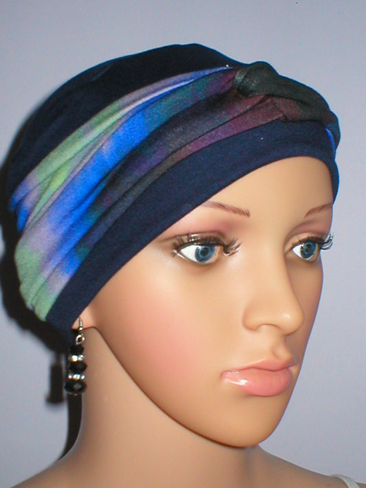 Soft womens chemo hat with interchangable twist headband - Tina navy blue haze