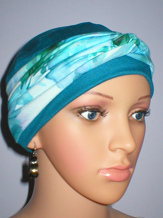 Soft ladies chemo hat with removable twist headband - Tina teal pastel floral