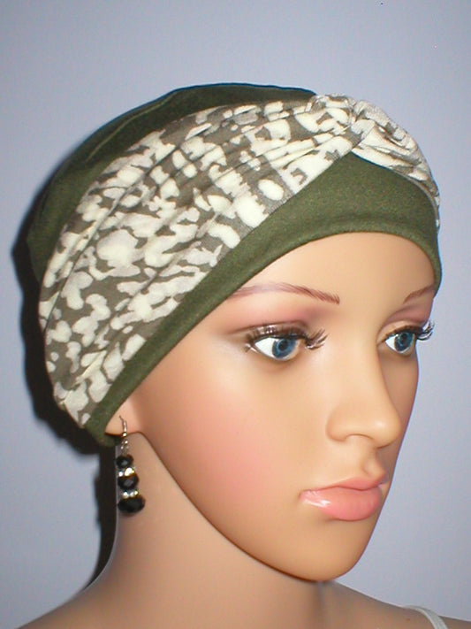 Lovely ladies chemo hat with removable twist headband - Tina khaki cream pebbles
