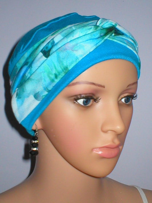 Lovely womens chemo hat with interchangable twist headband - Tina kingfisher pastel floral