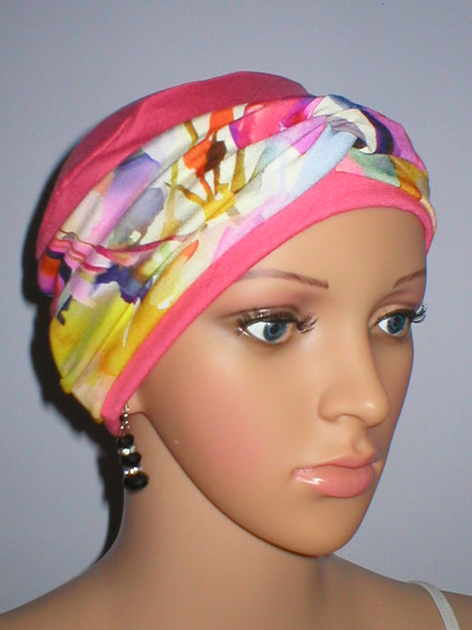 Soft comfy chemo hat and removable twist headband - Tina coral bright floral