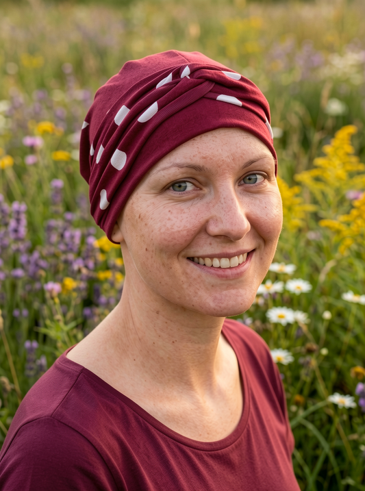 Soft comfy chemo hat and removable twist headband - Tina wine polka
