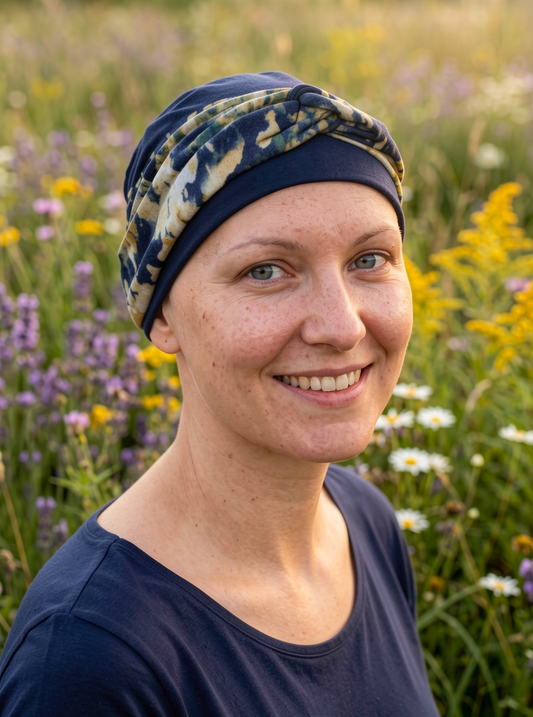 Soft comfy chemo hat and removable twist headband - Tina navy green speckles