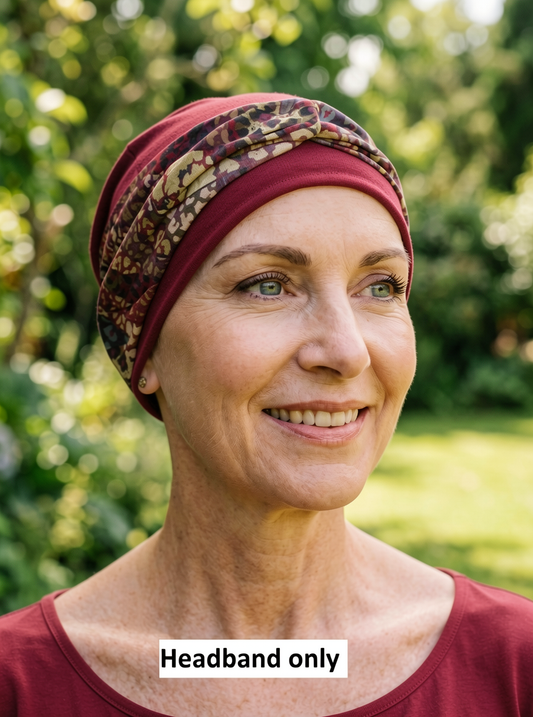 Soft patterned twist chemo leadies headband - Sara wine multi jungle
