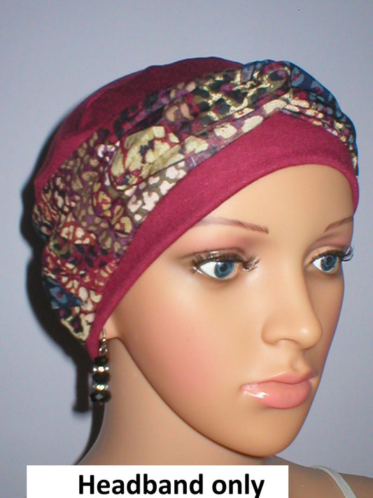 Soft patterned twist chemo leadies headband - Sara wine multi jungle