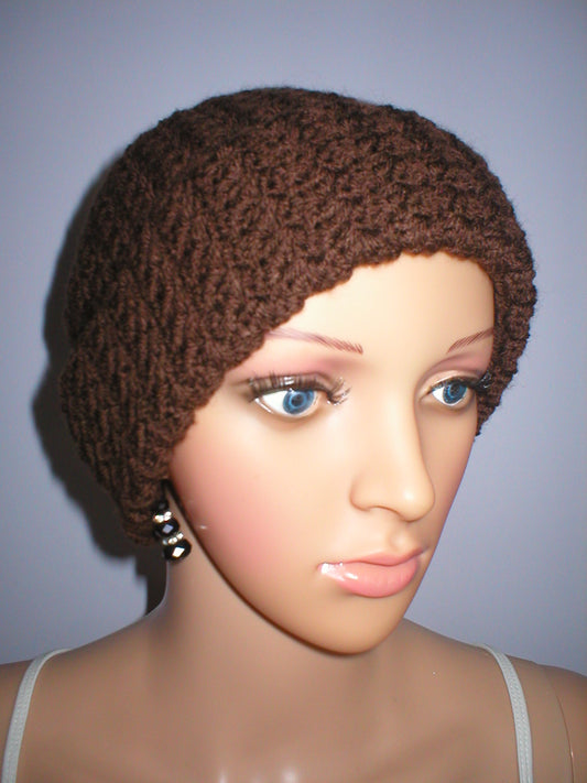 Supersoft hand crochet chunky beanie with turn up - Chocolate