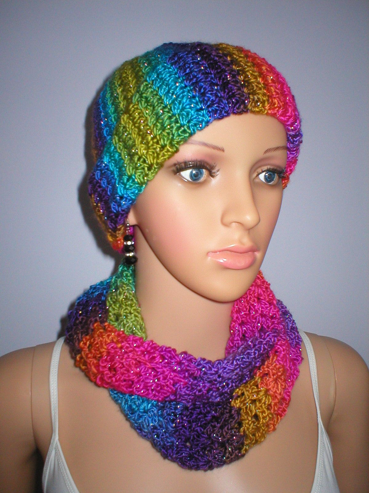 Supersoft hand crochet beanie hat with turn up and infinity scarf - Ember