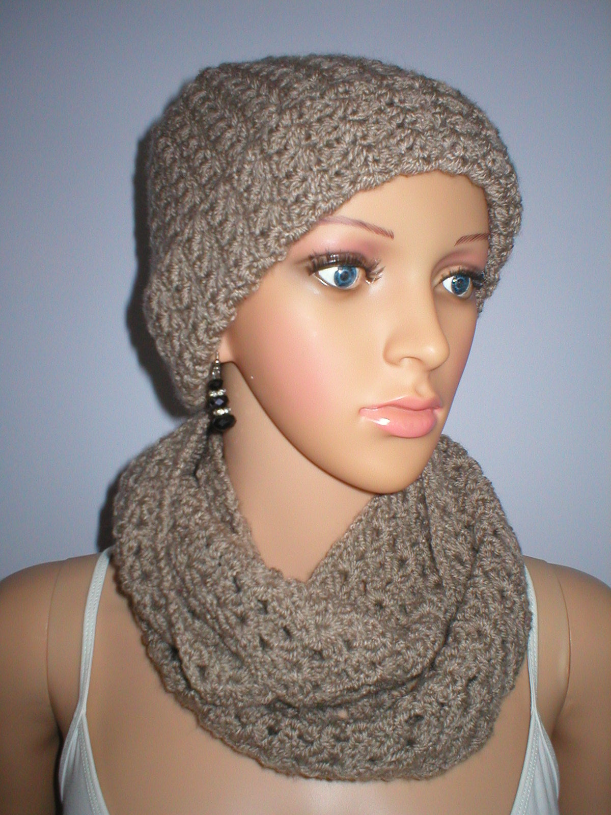 Supersoft hand crochet chunky beanie hat with turn up and infinity scarf - Latte
