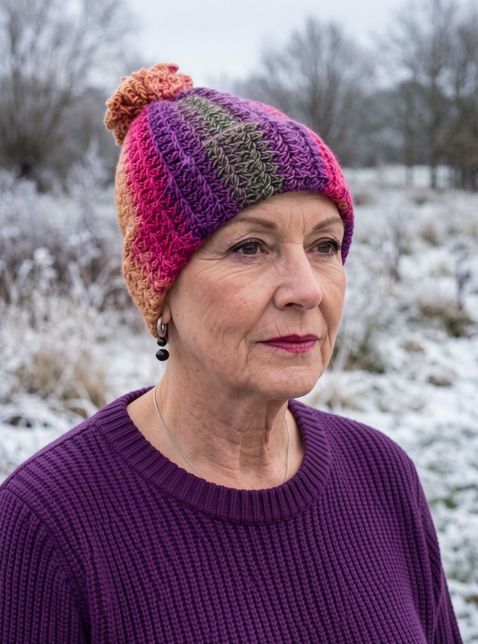 Supersoft crochet beanie with turn up and crochet pom pom - Afterglow