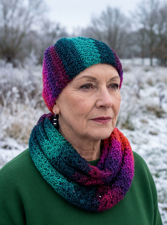 Soft hand crochet sparkle chemo beanie and infinity scarf - Arlo